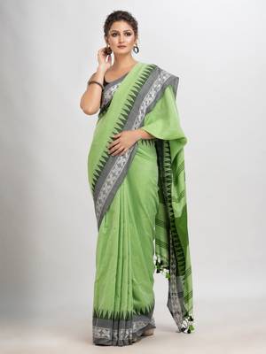 Light green cotton jacquard border with stripe pallu handloom saree 1