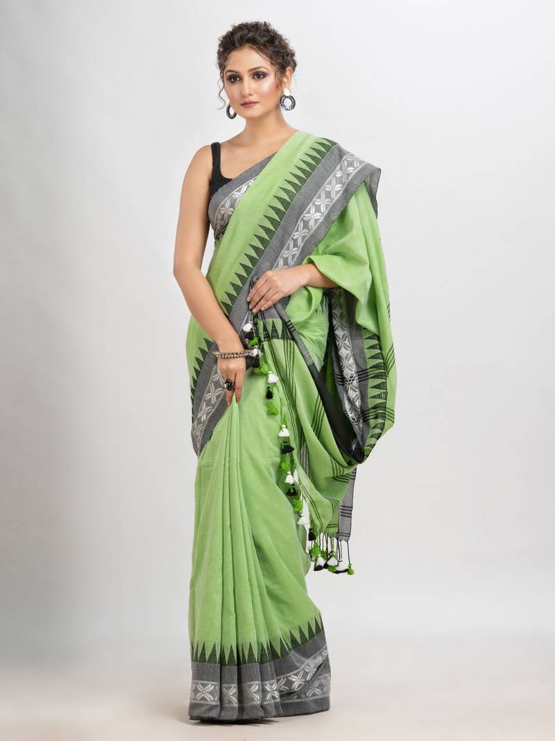 Light green cotton jacquard border with stripe pallu handloom saree
