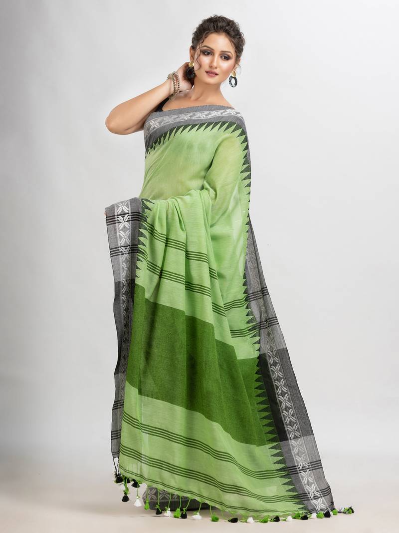 Light green cotton jacquard border with stripe pallu handloom saree