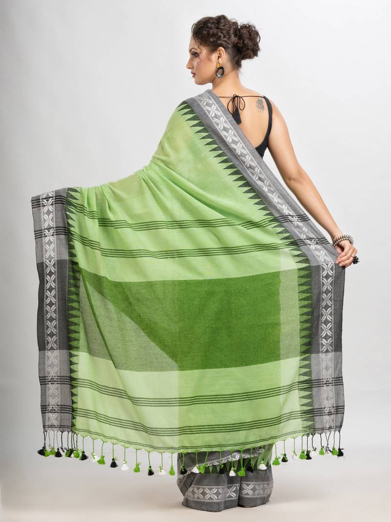 Light green cotton jacquard border with stripe pallu handloom saree