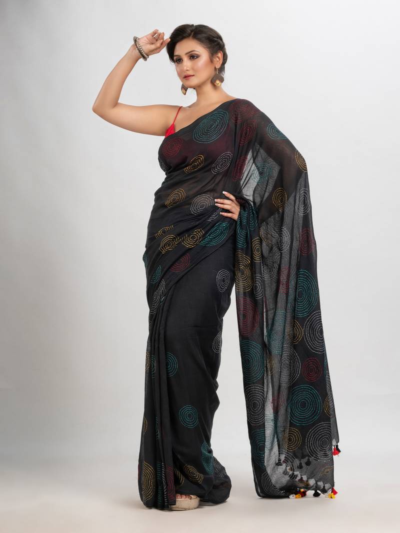 Black Cotton Embroidery Saree Without Blouse