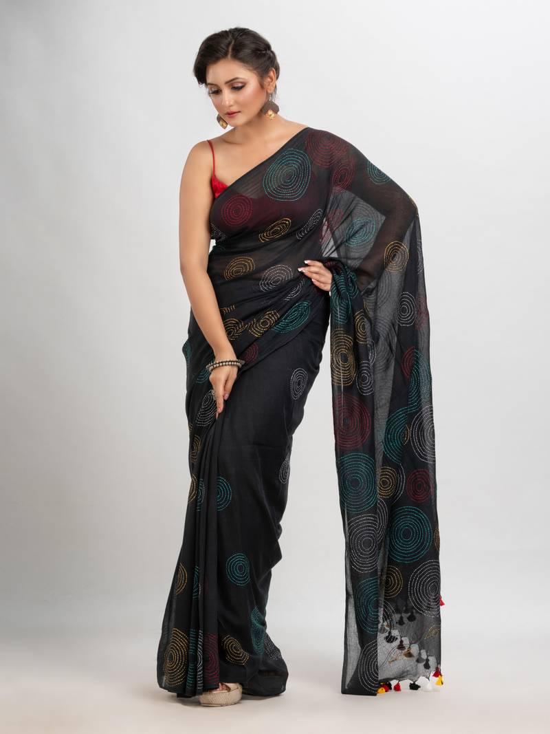 Black Cotton Embroidery Saree Without Blouse