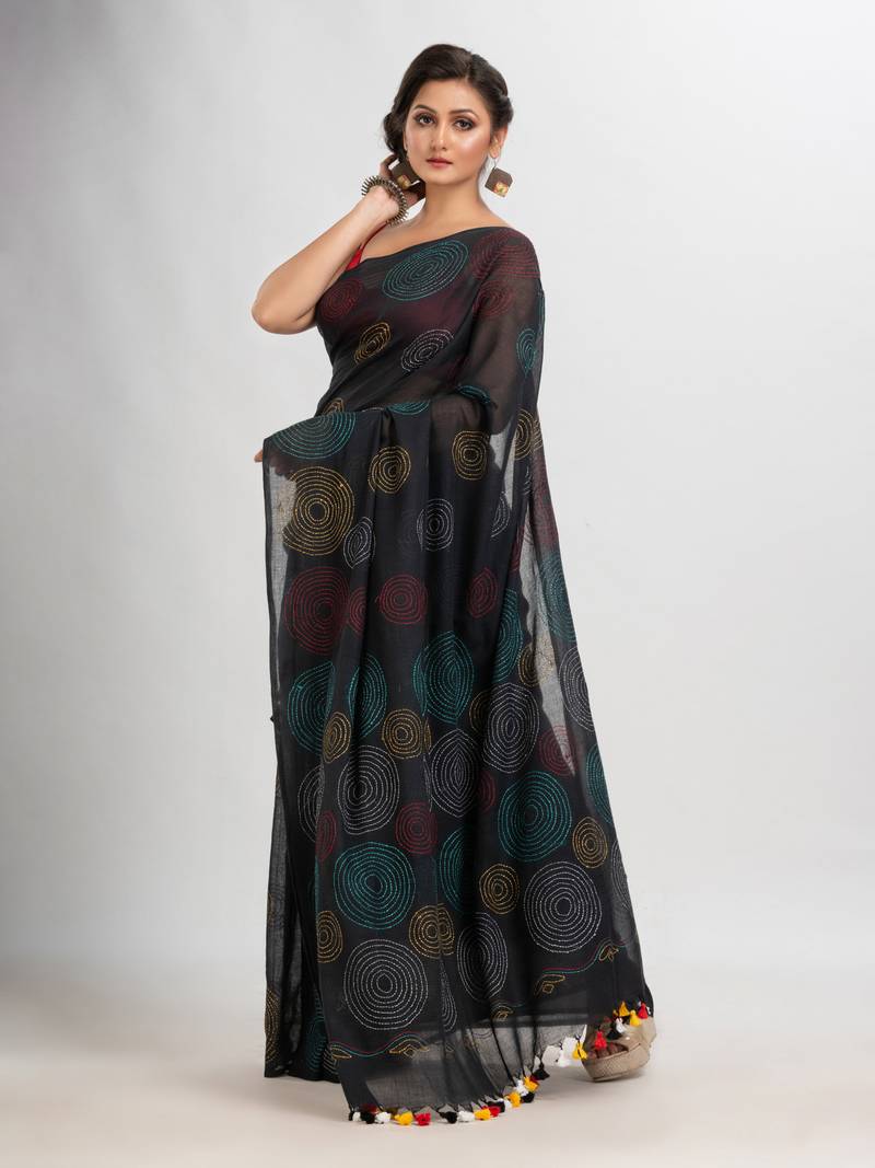 Black Cotton Embroidery Saree Without Blouse