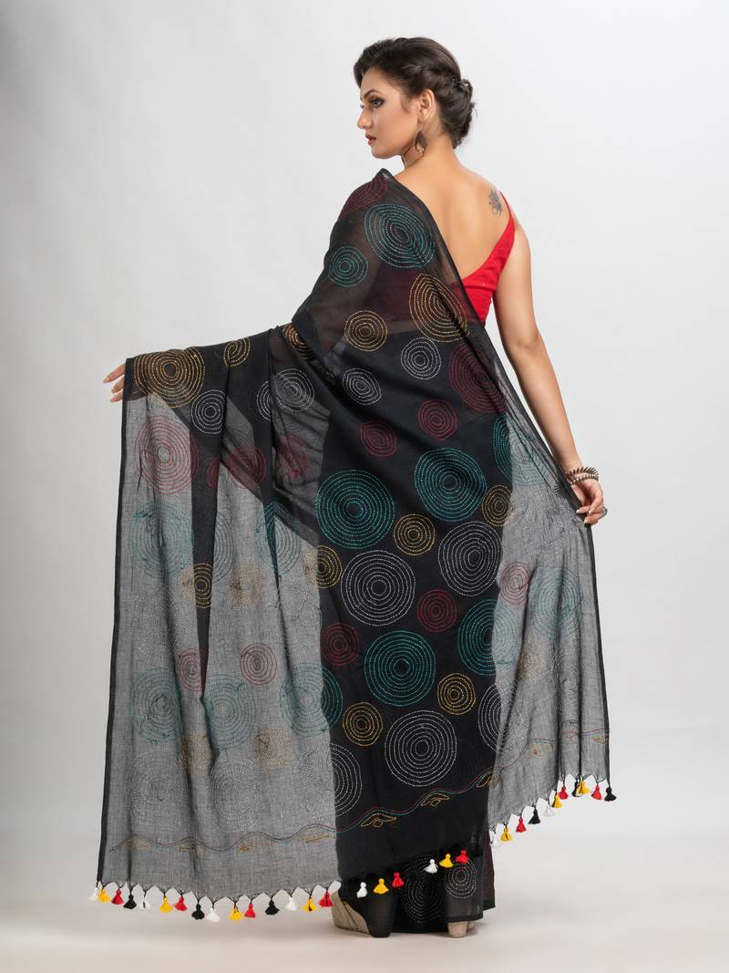 Black Cotton Embroidery Saree Without Blouse