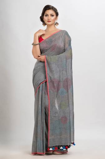 Jet Grey Cotton Embroidery Saree Without Blouse