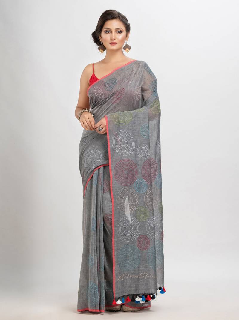 Jet Grey Cotton Embroidery Saree Without Blouse