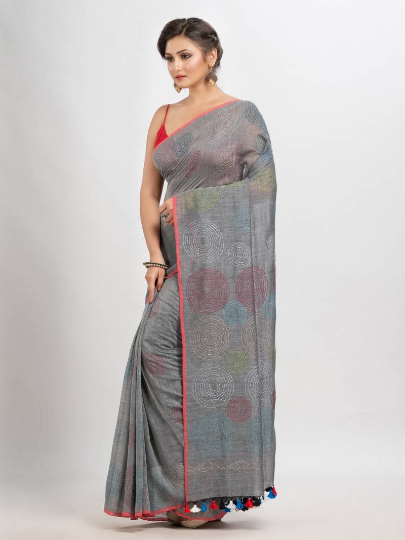 Jet Grey Cotton Embroidery Saree Without Blouse