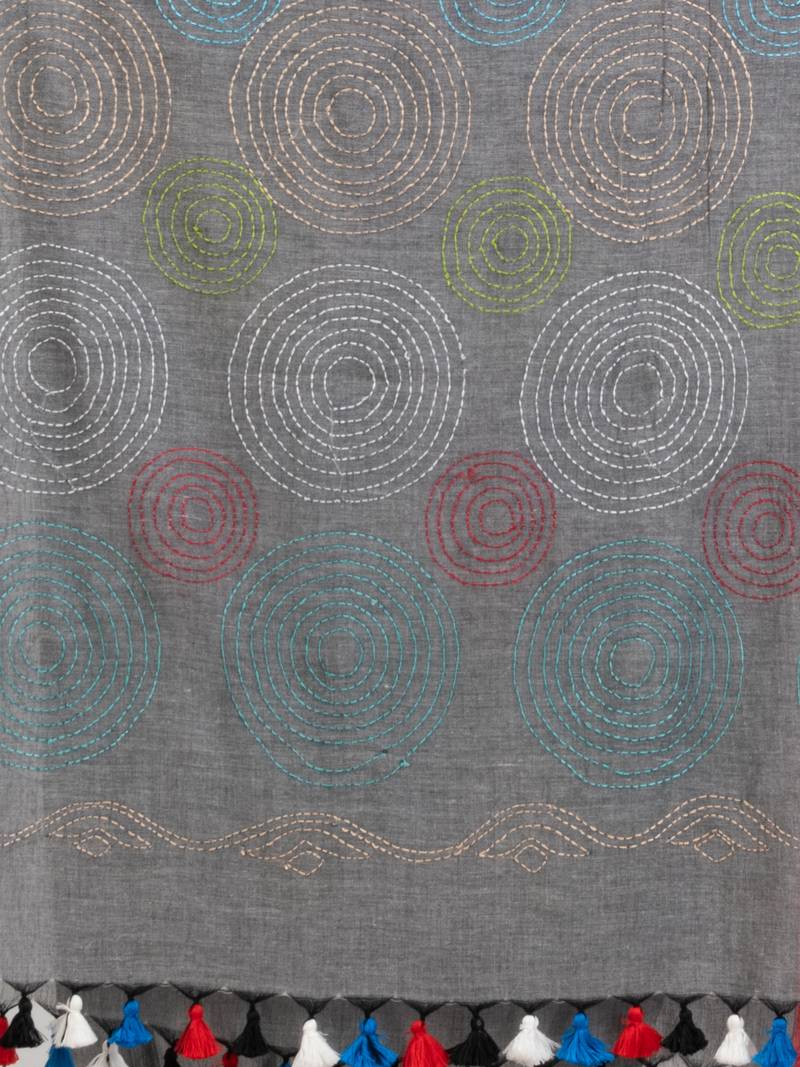 Jet Grey Cotton Embroidery Saree Without Blouse