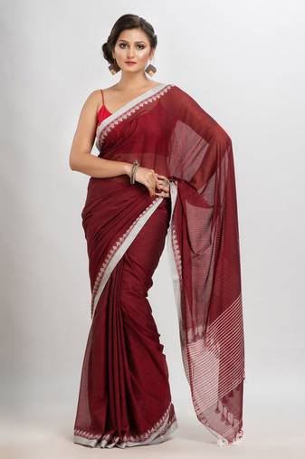 Maroon Cotton With Jacquard Border & Pallu Stripe Handloom Saree Without Blouse