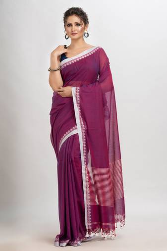 Magenta Cotton With Jacquard Border & Pallu Stripe Handloom Saree Without Blouse