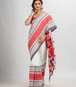 White body red & black border begampuri organic cotton saree