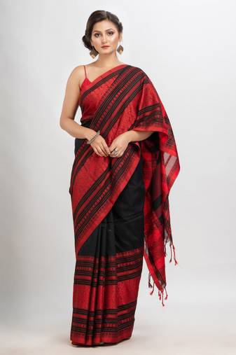 Black body red border begampuri organic cotton saree