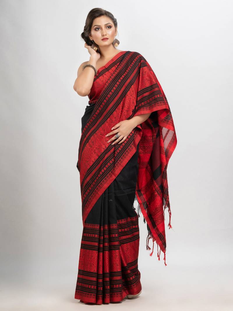 Black body red border begampuri organic cotton saree