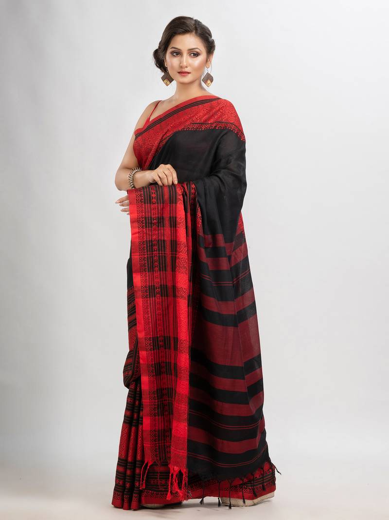Black body red border begampuri organic cotton saree