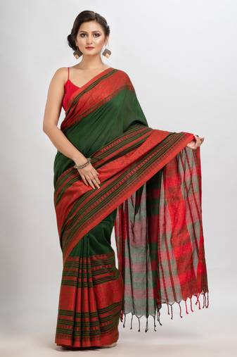 Bottle Green body red border begampuri organic cotton saree
