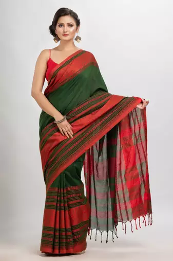 Bottle Green body red border begampuri organic cotton saree