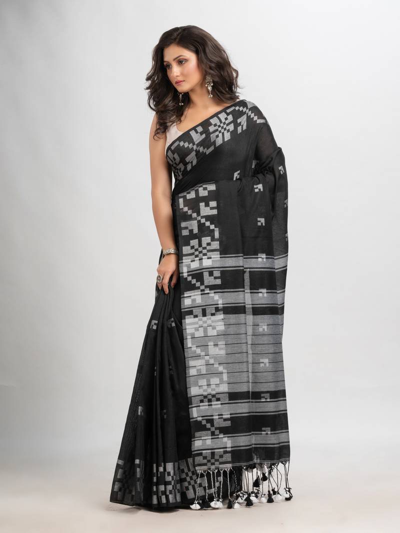 Black cotton jacquard border withe stripe pallu handloom saree