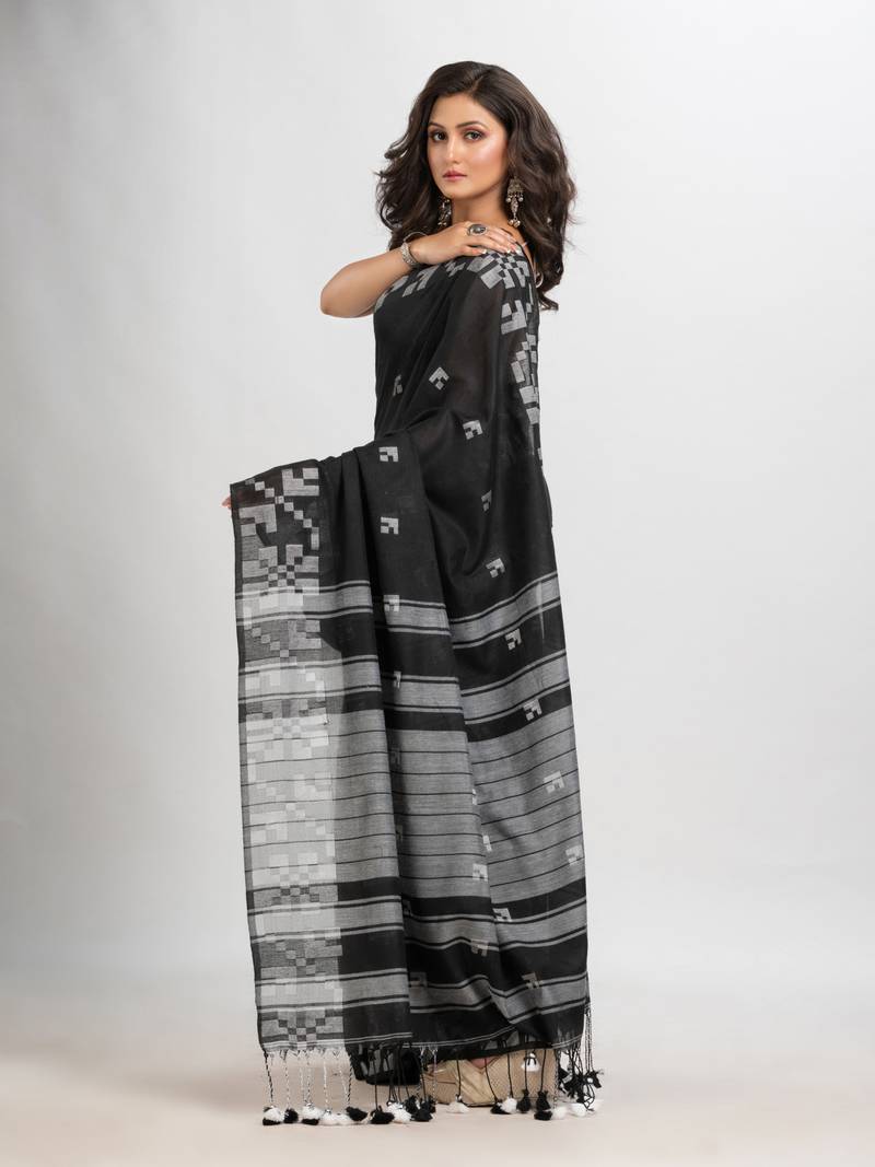Black cotton jacquard border withe stripe pallu handloom saree