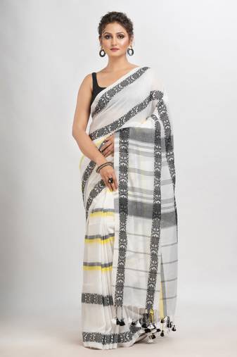 White cotton all body stripe jacquard saree