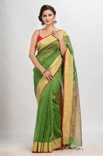 Lime green silk blend linen with solid border jamdani saree