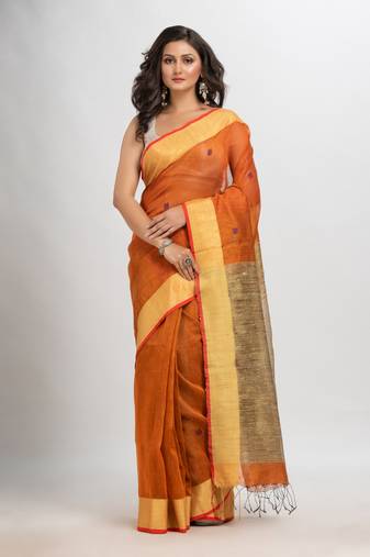 Russet silk blend linen with solid border jamdani saree