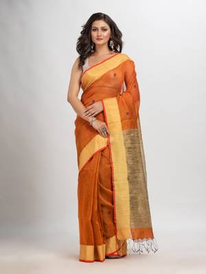 Russet silk blend linen with solid border jamdani saree 1