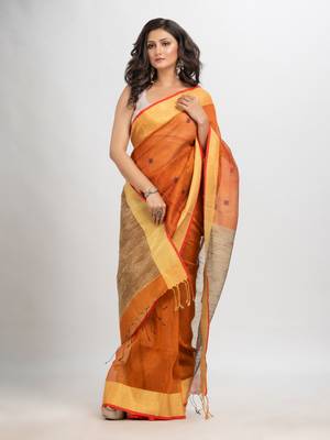 Russet silk blend linen with solid border jamdani saree 2