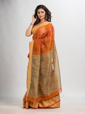 Russet silk blend linen with solid border jamdani saree 3