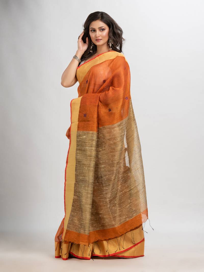 Russet silk blend linen with solid border jamdani saree