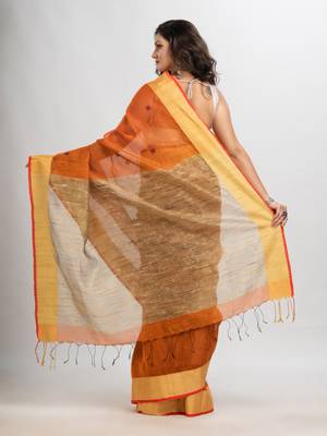 Russet silk blend linen with solid border jamdani saree 4