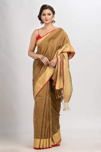 Muga silk blend linen with solid border jamdani saree