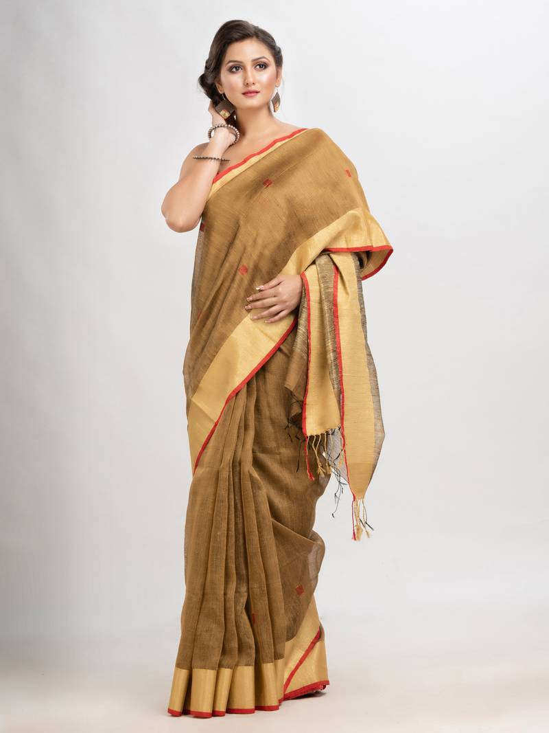 Muga silk blend linen with solid border jamdani saree