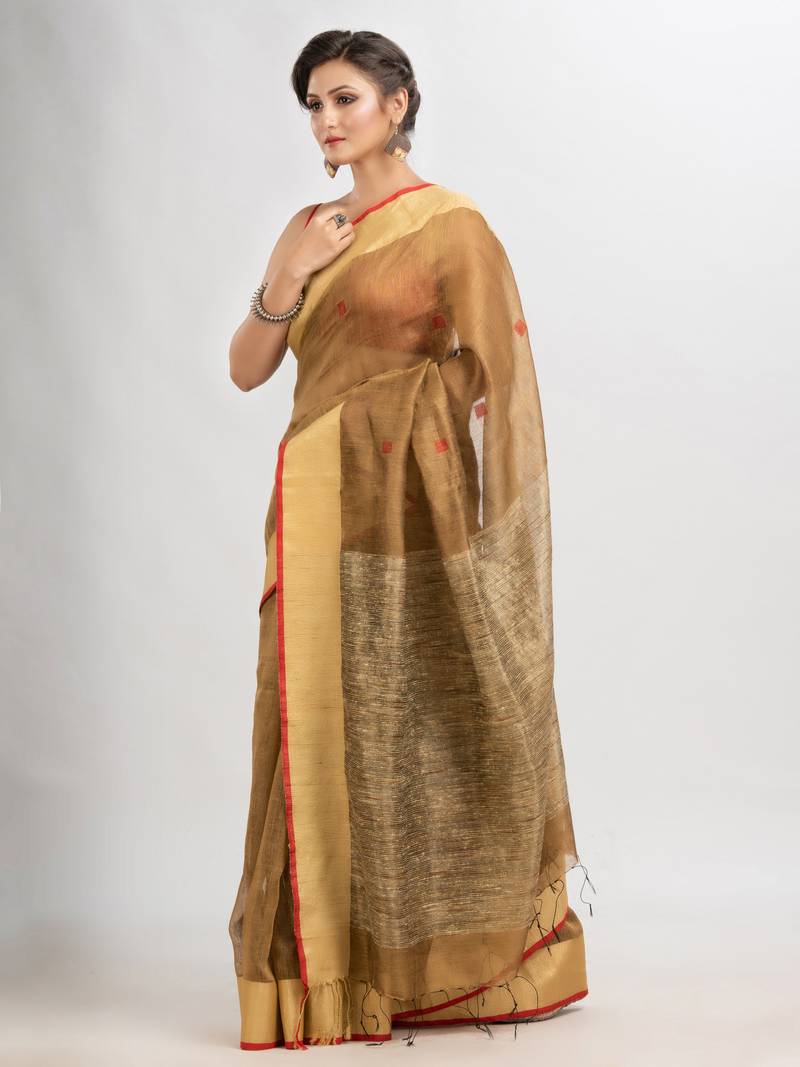 Muga silk blend linen with solid border jamdani saree