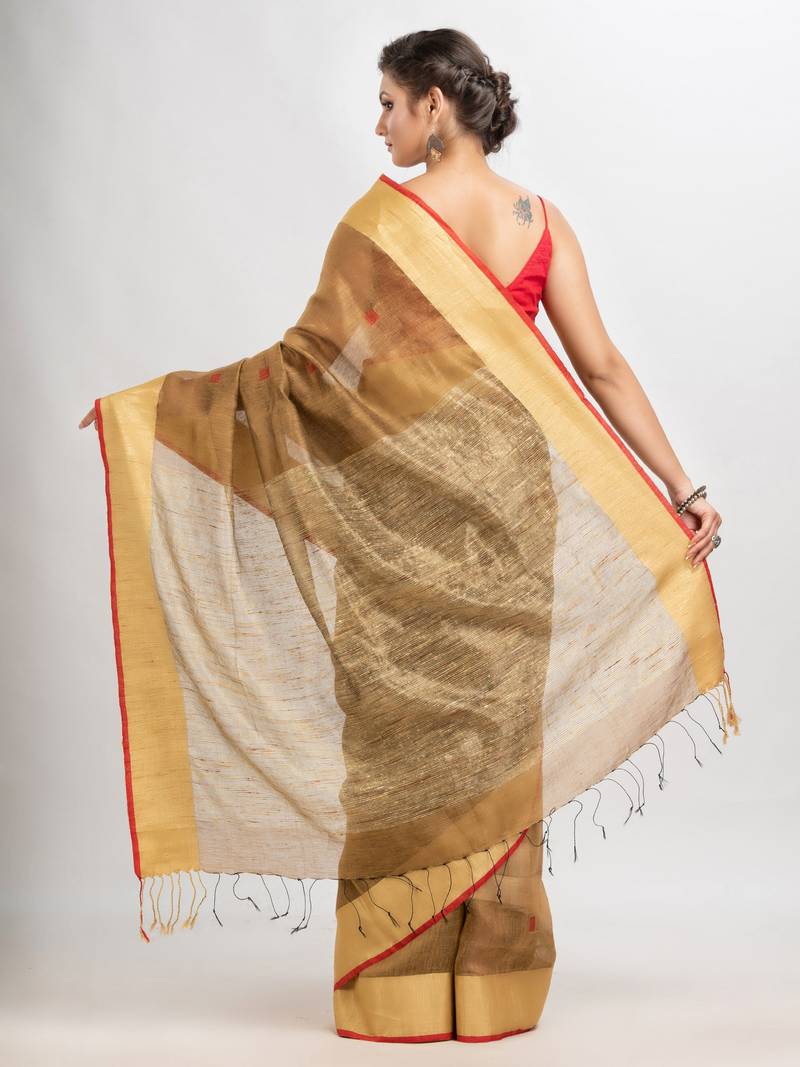 Muga silk blend linen with solid border jamdani saree