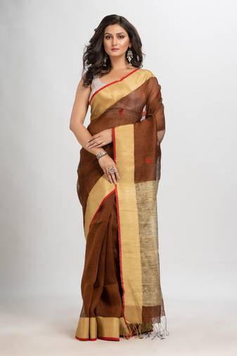 Dark coffee silk blend linen with solid border jamdani saree