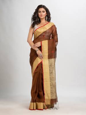 Dark coffee silk blend linen with solid border jamdani saree 1