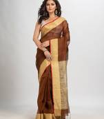 Dark coffee silk blend linen with solid border jamdani saree