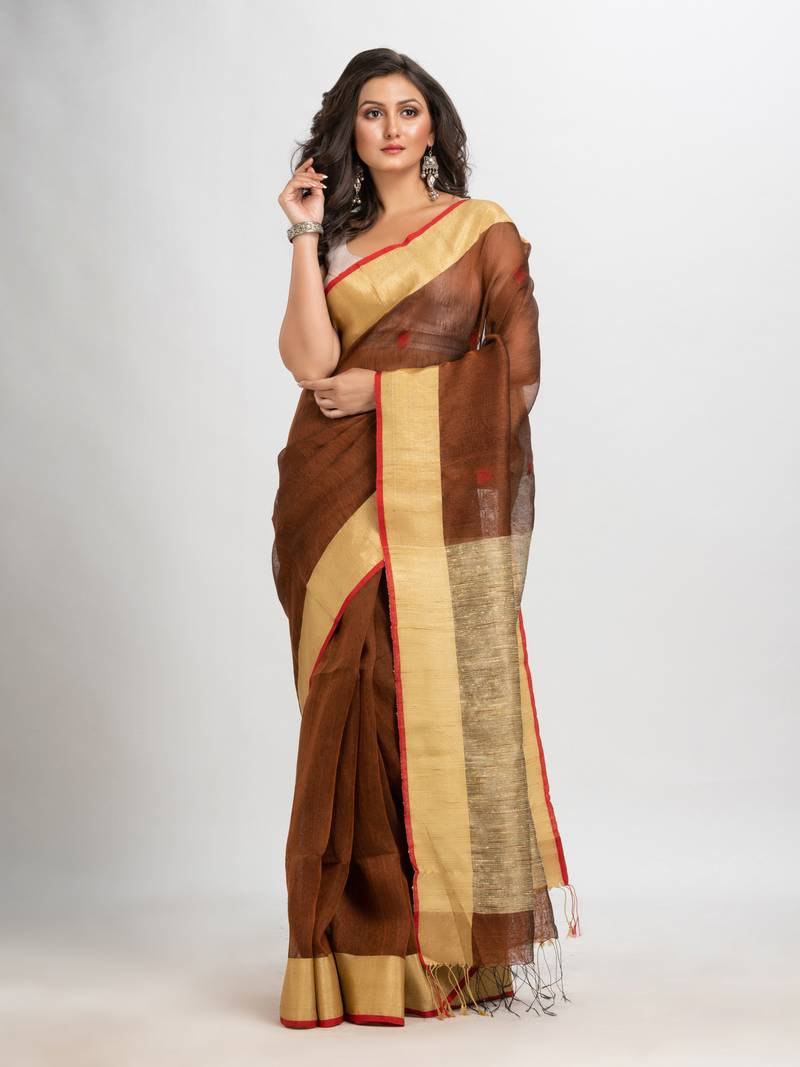 Dark coffee silk blend linen with solid border jamdani saree
