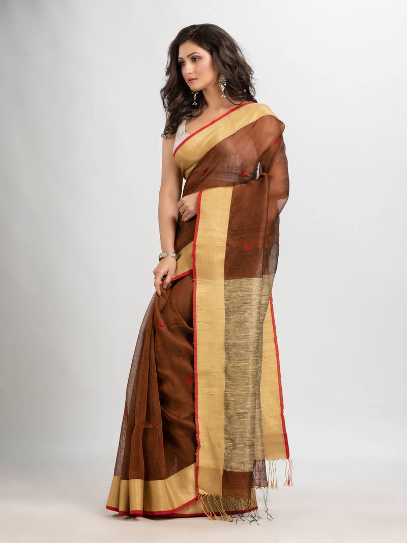 Dark coffee silk blend linen with solid border jamdani saree