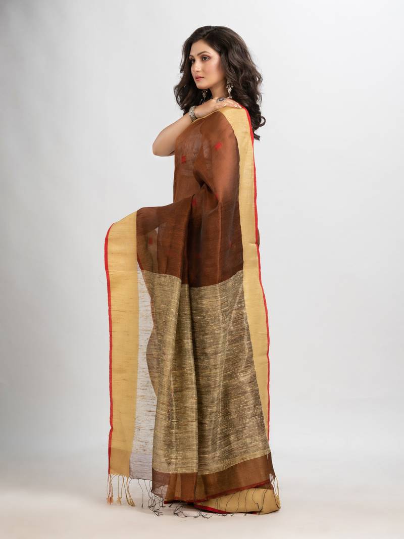 Dark coffee silk blend linen with solid border jamdani saree