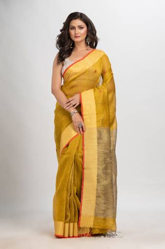Mustard silk blend linen with solid border jamdani saree
