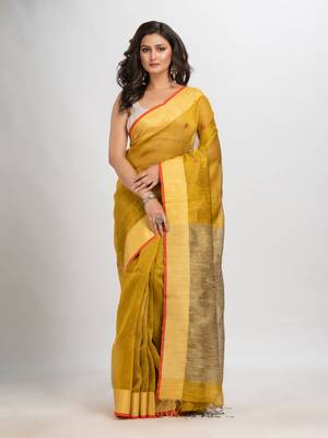 Mustard silk blend linen with solid border jamdani saree 1