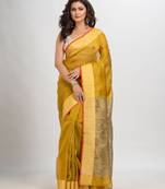 Mustard silk blend linen with solid border jamdani saree