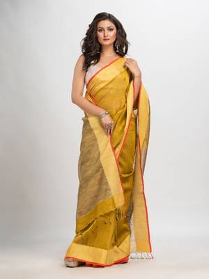 Mustard silk blend linen with solid border jamdani saree 2