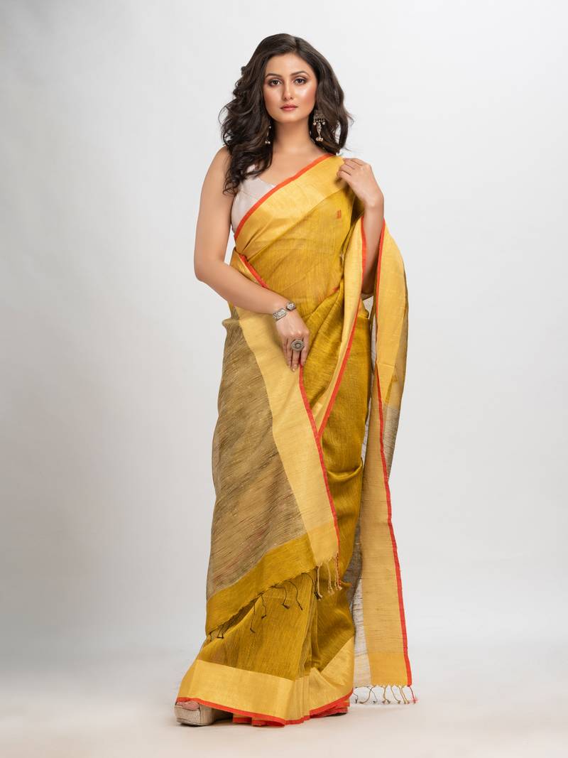 Mustard silk blend linen with solid border jamdani saree