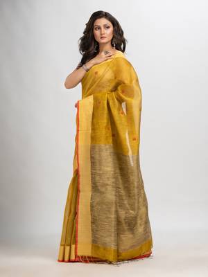 Mustard silk blend linen with solid border jamdani saree 3