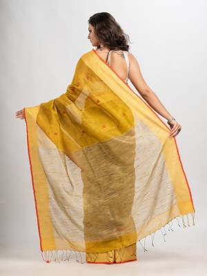 Mustard silk blend linen with solid border jamdani saree 4