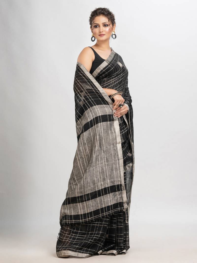 Black linen jari border with silver zari pallu jamdani saree