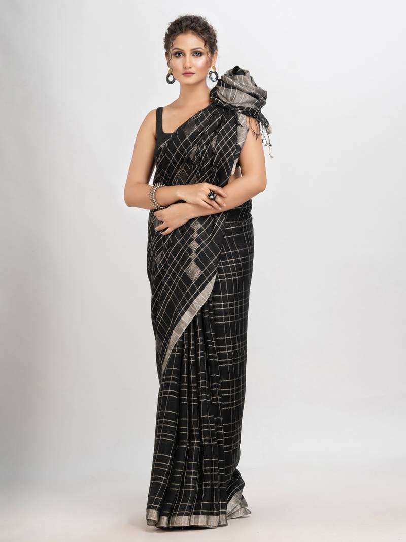 Black linen jari border with silver zari pallu jamdani saree