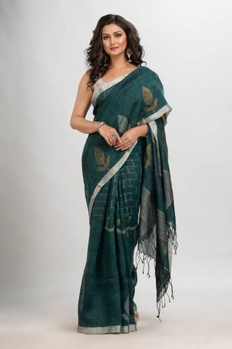 Dark bottle green linen with zari border jamdani saree
